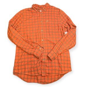 VINTAGE FJÄLLRÄVEN Men’s Orange Brown Plaid Övik Flannel Button-Up Shirt Size Me